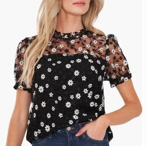 NWT Cece Embroidered Floral Mesh Short Sleeve Blouse XL